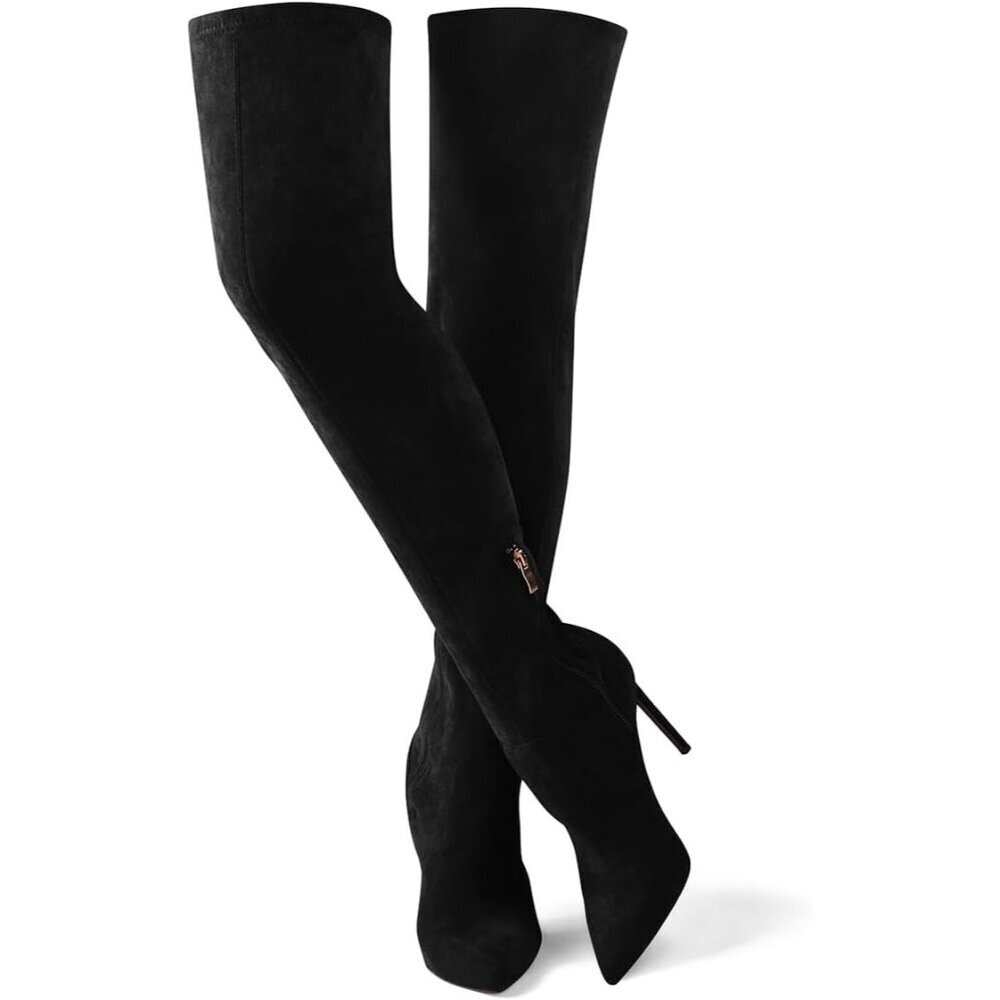 Women Black Faux Suede Over The Knee Thigh High Stiletto Heel Pointed Toe Boots - Picture 1 of 5